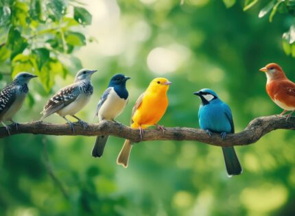 vecteezy_colorful-birds-perched-on-a-branch-in-a-lush-green-forest_49201489